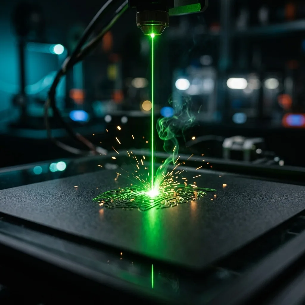 Nahaufnahme einer Lasergravur mit sichtbarem Laserstrahl